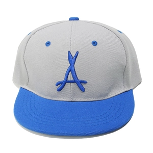 Flat brim baseball cap in grey and blue with embroidered letter A sports style