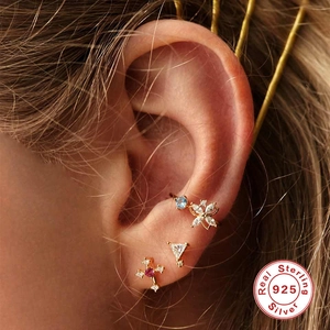 S925 sterling silver gold plated earring set featuring flower ear cuff and cross studs