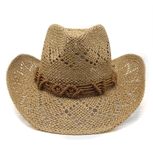 Hollow weave cowboy straw hat with ethnic band and curled brim for summer beach fashion
