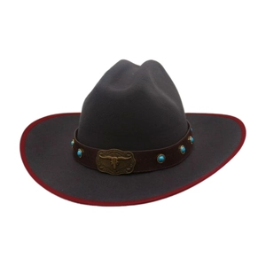 Western wool jazz hat in dark grey with red brim and turquoise cattle head buckle