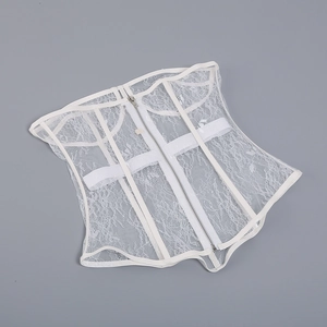 Close-up of white lace corset vest with silver front zipper and support boning detail