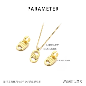 Detail showing dimensions of gold stainless steel necklace and teardrop earrings set