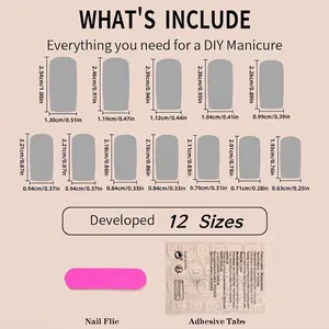 Size guide for French press-on nails with 12 sizes, mini file, and adhesive tabs