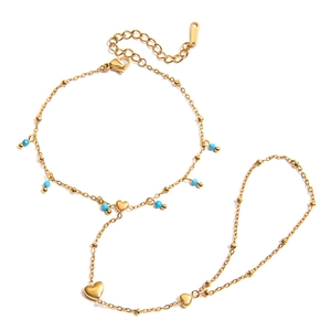 18K gold plated stainless steel finger bracelet with blue natural stone heart charm