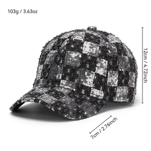 Black and white checkered sequin baseball cap for women with adjustable back closure