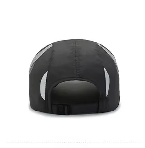 Rear view of black breathable mesh sports cap with adjustable plastic buckle strap
