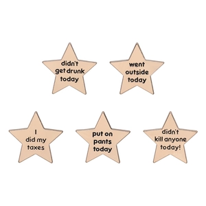 5-piece set of star-shaped gold metal pins with humorous English achievement phrases