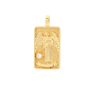 Close-up of gold rectangular tarot pendant featuring an embossed winged angel and white zircon