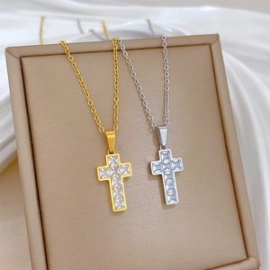 Cross Pendant Necklace Titanium Steel Inlaid Square Zircon Dainty Clavicle Chain Religious Jewelry For Women
