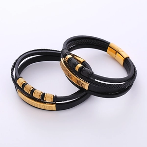 Multi-layer black leather bracelet for men with gold metal Greek key pattern and magnetic clasp