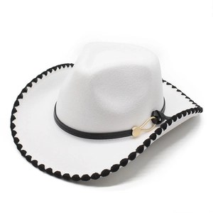 White wool felt cowboy hat with black piped brim and leather strap featuring gold buckle