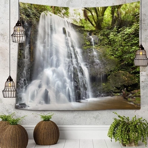 Detail of forest waterfall tapestry with HD digital print on high-quality fabric texture