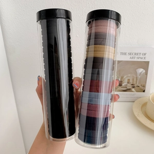 Detail of high-elastic seamless hair ties in transparent storage tubes for organized storage