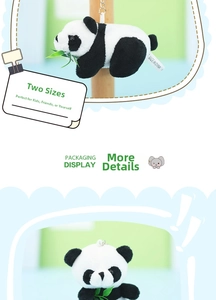 Detail of panda plush keychain with green bamboo leaf and sturdy metal keyring