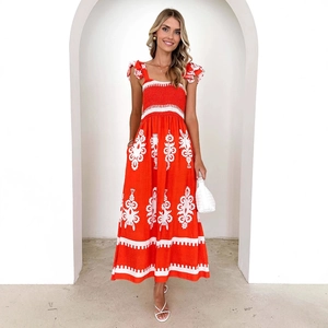 Robe longue de plage orange à imprimé floral pour femme avec bretelles et poches latérales