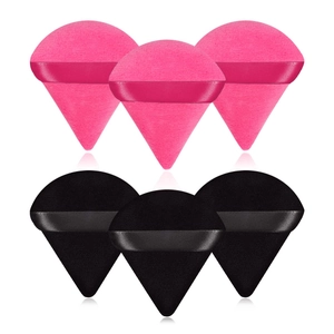 Set de 6 borlas de maquillaje triangulares negras y rosas con cinta suave para polvos