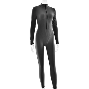 Detailed view of black long sleeve bodysuit with front zipper and stand-up collar