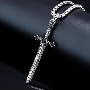 Fashionable stainless steel long sword pendant necklace with black gemstones for men and women