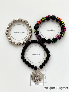 Gothic punk bracelet set with spider web pendant and skull beads size and weight details