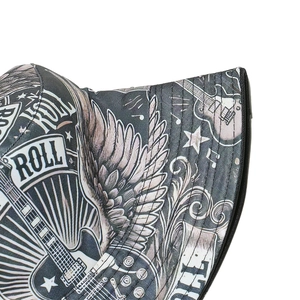 Detail of dark grey bucket hat showing rock guitar prints and reinforced brim stitching