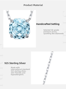 Détail macro d'un collier en argent S925 avec zircon bleu clair à coupe octogonale