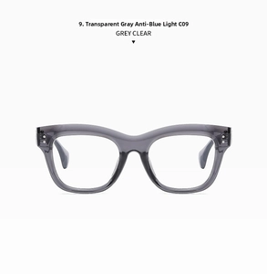 Detail view of transparent grey square frames with anti-blue light clear lenses