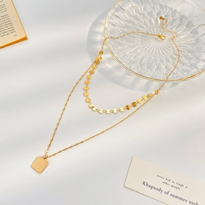 Bohemian gold double-layer necklace with chic square pendant and sequin choker chain