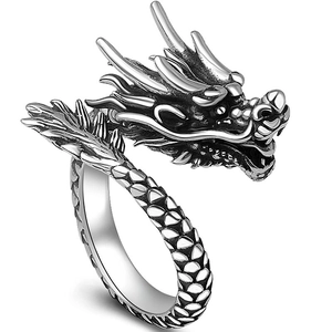 Retro dragon head open ring in silver tone with detailed scales and adjustable band