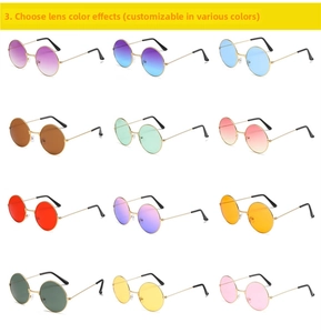 Macro shot of colorful vintage round sunglasses with gold metal frames and varied lenses