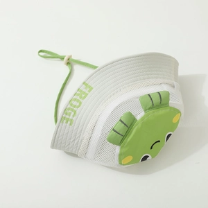 Detail of breathable mesh kids sun hat with frog design and adjustable drawstring