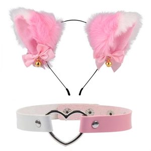 Serre-tête oreilles de chat rose et blanc avec collier assorti et pendentif coeur
