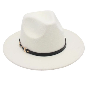 Detail of white wool fedora hat featuring a black leather belt with a gold buckle
