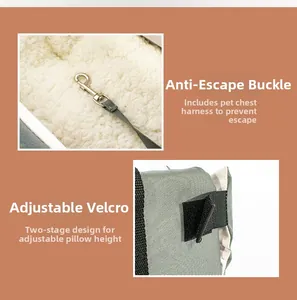 Detail of escape-proof metal hook and adjustable velcro on gray dog car seat bag