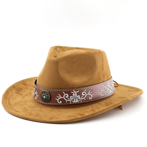Western suede cowboy hat detail with floral embroidery and turquoise rivet stone