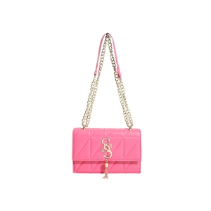 Pink quilted chain crossbody bag with gold hardware and SSS logo on white background
