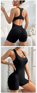 Close-up of black ribbed seamless yoga romper with open back design and U-neckline