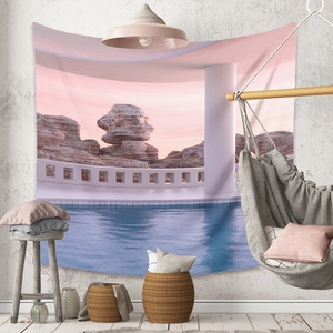 Bohemian landscape tapestry with surreal pink sky and dreamlike pool for wall decoration
