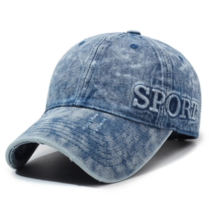 Vintage light blue washed denim baseball cap with SPORT embroidery and distressed details