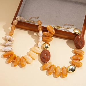 Bohemian acrylic chunky link necklace with amber geometric beads and gold clasp