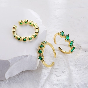 Women Open Ring Copper 18K Gold Plated Green Zirconia Micro Pave INS Style Minimalist Vintage Hand Jewelry