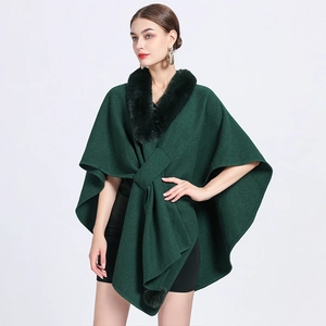 Women Elegant Faux Fur Collar Poncho Shawl Knitted Loose Cape Coat With Pom-Pom Decor Warm Autumn Winter