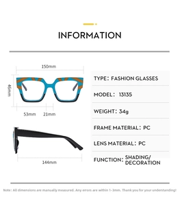 Detailed size specifications and PC frame parameters for square blue light glasses