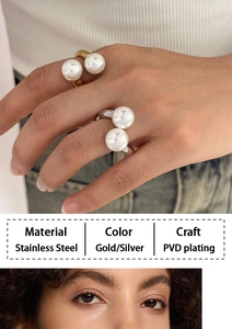 Detailed specs for double pearl adjustable ring in gold and silver stainless steel