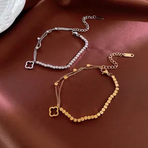 Clover Pendant Bracelet Stainless Steel Square Cube Bead Double Layer Adjustable Chain Elegant Jewelry For Women