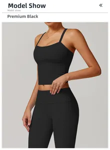 Detail of high-stretch black crop top and seamless yoga pants on a fitness model