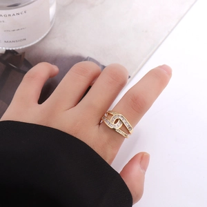 Elegant Zircon Adjustable Ring Double Layer Copper Geometric Gold Plated Luxury Statement Jewelry For Women