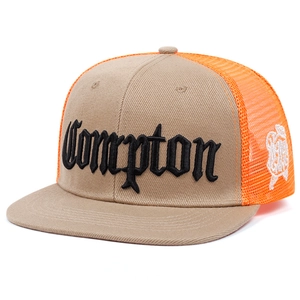Streetwear trucker hat with Compton embroidery in khaki and bright orange mesh