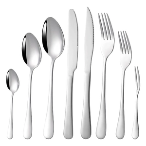 Eight-piece silver stainless steel cutlery set with mirror finish on white background