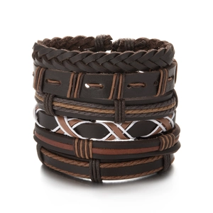 Men's multi-layer woven leather bracelet set in dark brown and reddish-brown shades