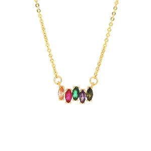 Elegant gold chain necklace with five marquise-cut colorful zircon stones on white background